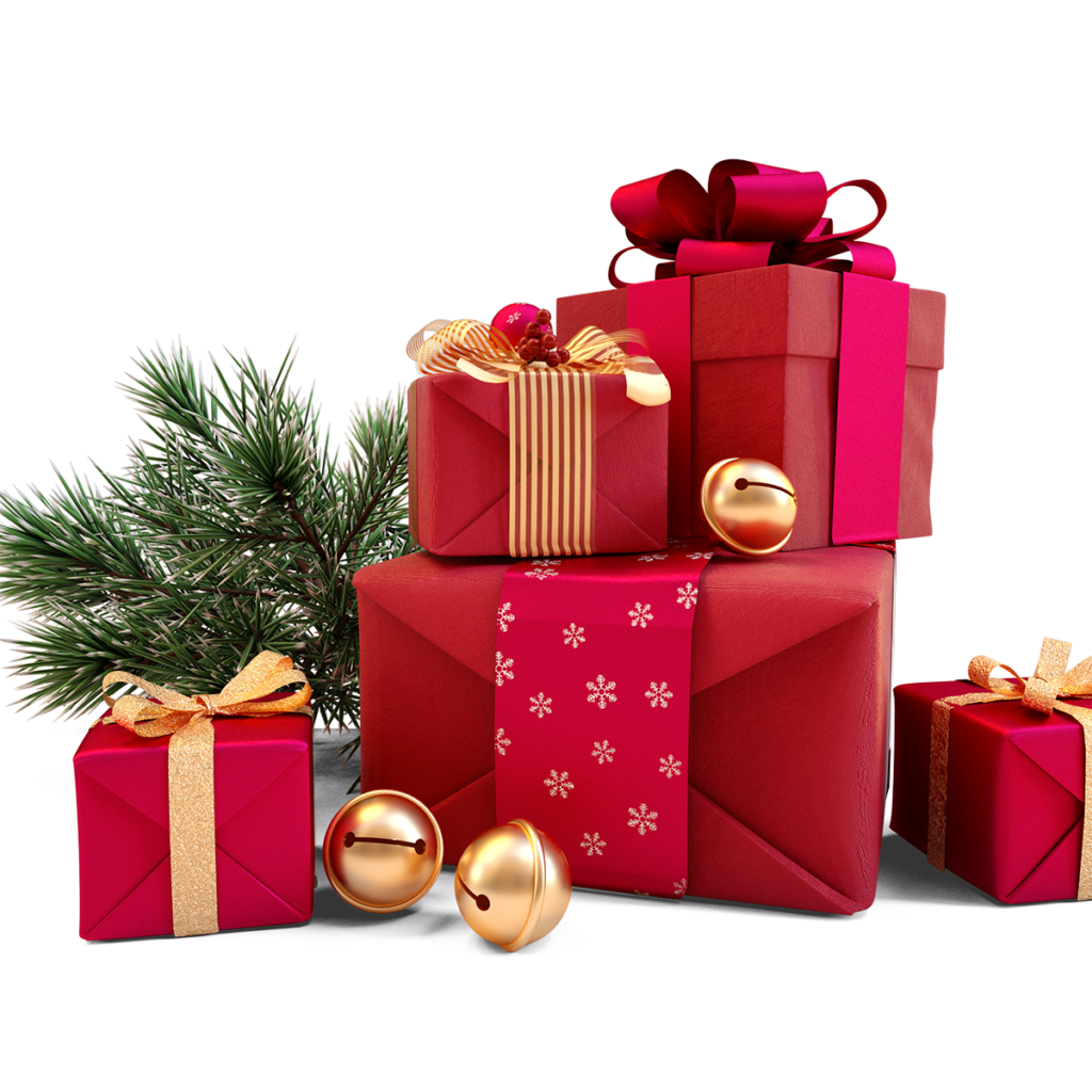 Christmas gifts wrapped in red paper and gold bows