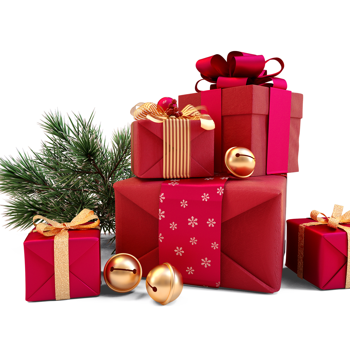 Christmas gifts wrapped in red paper and gold bows