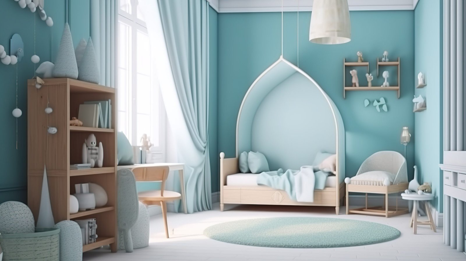 Blue child's bedroom with a large window letting in lots of light.