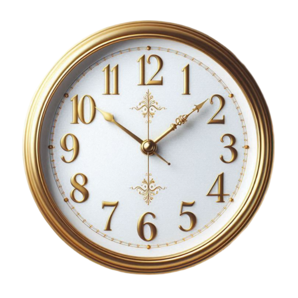 round wall clock with a gold border and gold numbers
